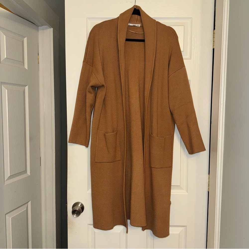 Mango Long Knitted Cardigan Jacket - Camel Brown